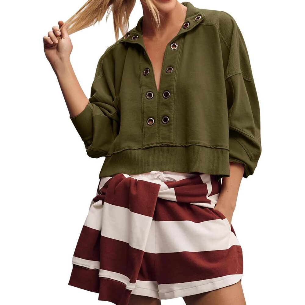 Women's Cotton V-Neck Cropped Sweatshirt Casual Long Sleeve Oversized Top
